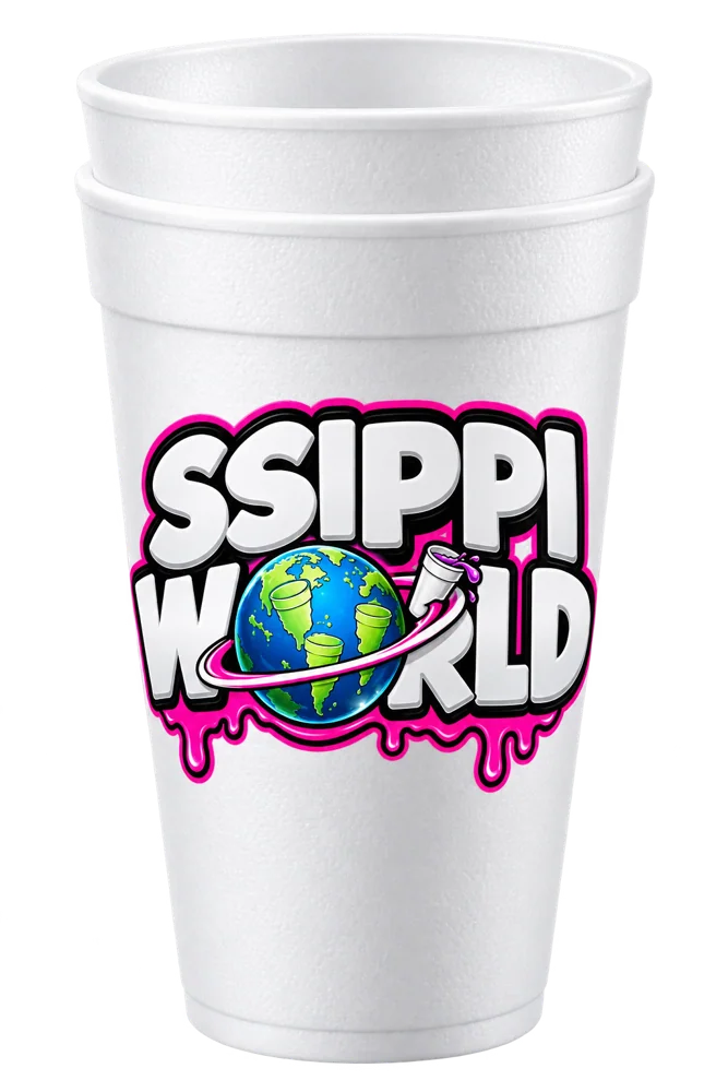 White Styrofoam double cup printed with the Ssippi World logo
