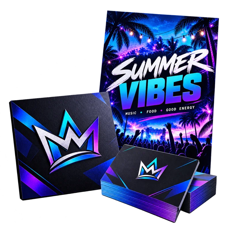 Logo presentation, event flyer and coordinated business card design samples