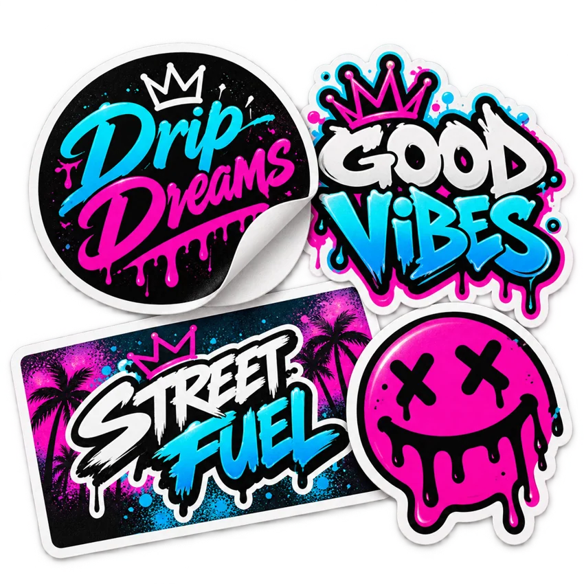 Colorful die-cut vinyl stickers and a rectangular decal with a peeled corner showing white backing